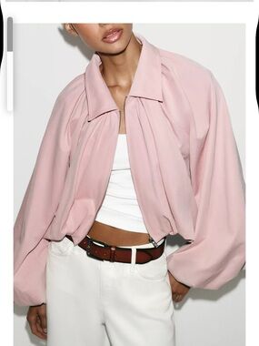 Zara Pink Cropped Balloon puff Sleeve Bomber Jacket